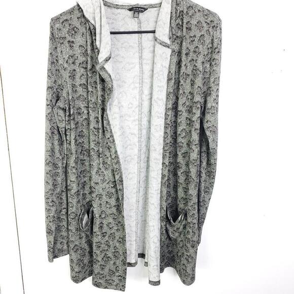 Lucky Brand Sweater Womens Small Open Front Cardigan Jacket Hooded Dull Leopard - Picture 1 of 11